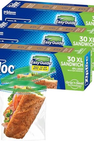 Ziploc XL Sandwich and Snack Bags with EasyGuide Texture, Plastic Storage Bags with Grip 'n Seal Technology, 90 Bags Total