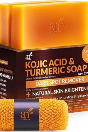 Kojic Acid Soap + African Net Sponge (2 pack X 142g Turmeric bars) Dark spot remover & Scars - Original Japanese Complex Vitamin C, Hyaluronic Acid, retinol, shea butter (Citrus)