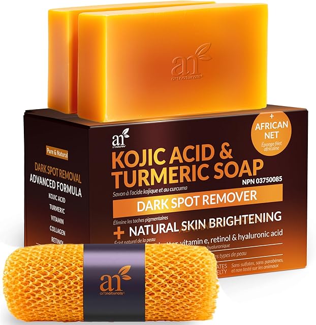 Kojic Acid Soap + African Net Sponge (2 pack X 142g Turmeric bars) Dark spot remover & Scars - Original Japanese Complex Vitamin C, Hyaluronic Acid, retinol, shea butter (Citrus)