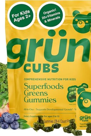 Gruns Kids Vitamins, Super Greens Gummies - Superfood Gummy Bears with Spirulina, Chlorella, 20+ Vitamins & Minerals, Prebiotics Fiber for Digestive Health, Adaptogens Supplement, 28 Day Supply