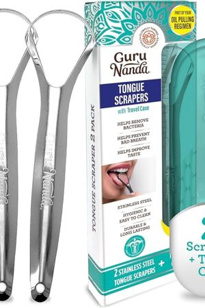 GuruNanda Tongue Scraper for Adults (2 Pack) with Travel Case, 420 Medical-Grade 100% Stainless Steel Tongue Cleaner, Aids in Fresh Breath & Oral Care