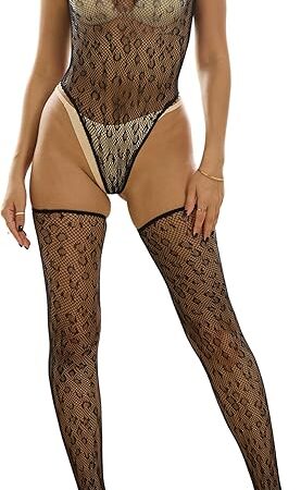 Women's Sexy Lingerie Sets Fishnet Leopard Teddy Bodysuits Babydoll with Thigh High Stockings 3 Pieces Pajamas Set