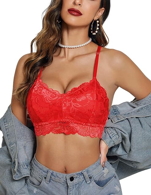 Lace Bralettes for Women Padded Bralette Camisole Racerback Crop Top Floral Lace Bralettes V Neck