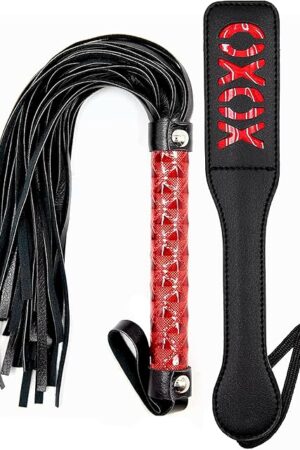 Black Flogger Whip 18" Adult Spanking Paddle 12" - BDSM Sex Set - Flogger Spanking Sex Soft - Sex Paddles for Spanking - Adult BDSM Flogger Paddle Set