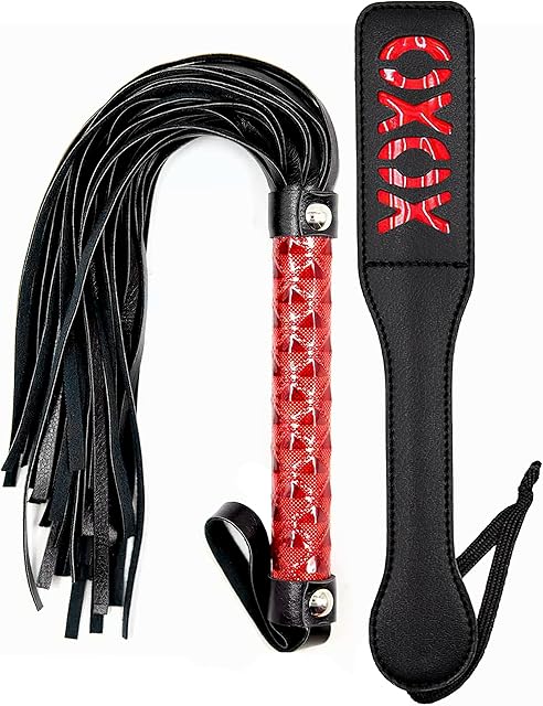 Black Flogger Whip 18" Adult Spanking Paddle 12" - BDSM Sex Set - Flogger Spanking Sex Soft - Sex Paddles for Spanking - Adult BDSM Flogger Paddle Set