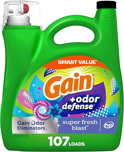 Gain + Odor Defense Liquid Laundry Detergent Super Fresh Blast Scent, HE Compatible, 107 Loads 154 fl oz, Gain Laundry Detergent, Liquid Laundry Detergent