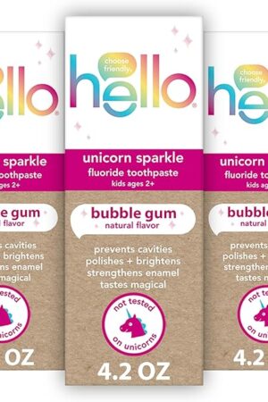 hello Unicorn Sparkle Kids Fluoride Toothpaste, Natural Bubble Gum Flavor, ADA Approved, Ages 2+, No Artificial Sweeteners, No SLS, Gluten Free, Vegan, Pack of 3, 42 oz Tubes