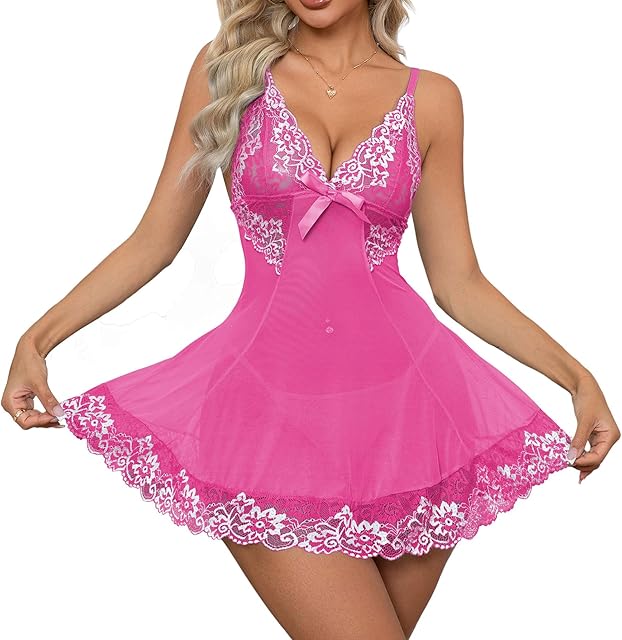 Women Sexy Lingerie Babydoll Mini Dress Floral Lace Sheer Chemise Sleepwear Mesh Lingerie Set with G-String