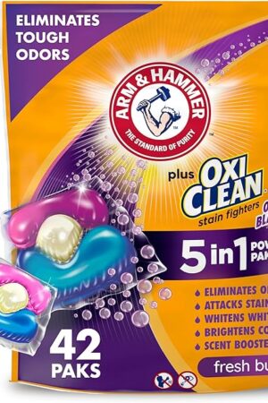 ARM & HAMMER Plus OxiClean with Odor Blasters 5-in-1 Laundry Detergent Power Paks, Laundry Odor Remover, Eliminates Odors, Attacks Stains, Fresh Burst Scent, 42 Count?