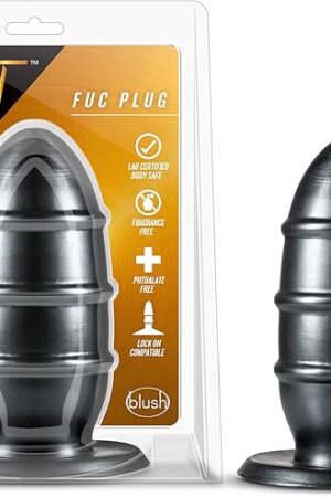 Blush Jet Fuc Plug 8.25" Extra-Large Butt Plug, 3.5 Width - Advanced Users Ribbed Girthy Anal Plug - Tapered Tip, Lock On Base, Body Safe PVC Adult Sex Toy for Women, Men & Couples - (Metallic Black)