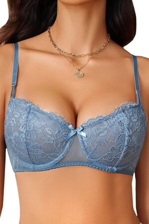 Women's Sexy Lace Push Up Bra Sheer Balconette Underwire Unlined Everyday Bras Dark Blue