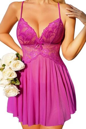 Women's Lingerie Sexy Chemise Babydoll Dress Sheer Floral Lace Split Hem Nightdress with Panty Mesh Nightgown