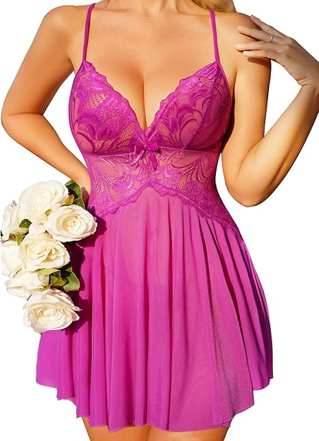 Women's Lingerie Sexy Chemise Babydoll Dress Sheer Floral Lace Split Hem Nightdress with Panty Mesh Nightgown