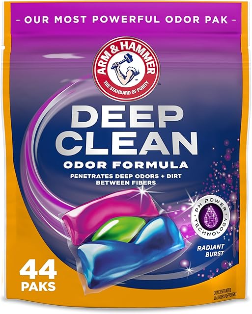 ARM & HAMMER? Deep Clean Odor Formula Laundry Detergent Power Paks, Laundry Odor Remover, Radiant Burst Scent, 44 Count, 44 Loads