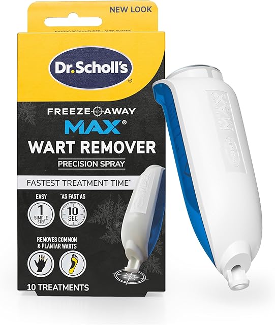 Dr Scholl's Freeze Away MAX Wart Remover, 10 Treatments - As Fast As 10 Seconds to Treat Warts, Removes Common Warts & Plantar Warts on Hands & Feet, Easy to Use Precision Spray for Wart Removal