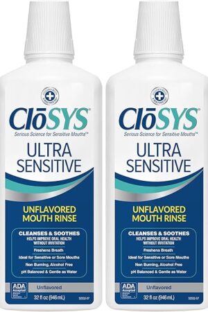CloSYS Ultra Sensitive Mouthwash, Unflavored Alcohol Free, Dye Free, pH Balanced, Helps Soothe Entire Mouth ? 32 Oz (Pack of 2)