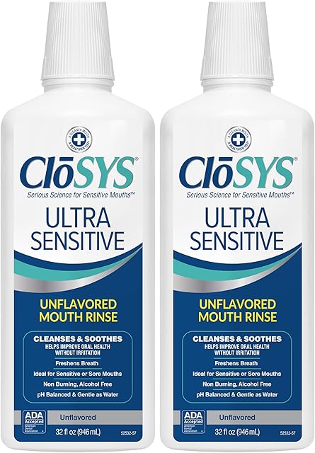 CloSYS Ultra Sensitive Mouthwash, Unflavored Alcohol Free, Dye Free, pH Balanced, Helps Soothe Entire Mouth ? 32 Oz (Pack of 2)