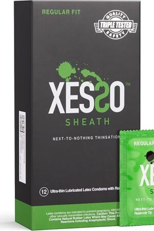 XESSO Sheath Ultra Thin Lubricated Condoms with Reservoir Tip, 12-Pack, Regular Fit Natural Latex Male Condom with Silicone Base,Vegan-Friendly, Discreet Package