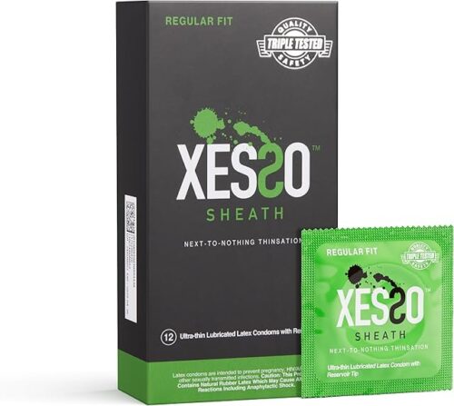 XESSO Sheath Ultra Thin Lubricated Condoms with Reservoir Tip, 12-Pack, Regular Fit Natural Latex Male Condom with Silicone Base,Vegan-Friendly, Discreet Package