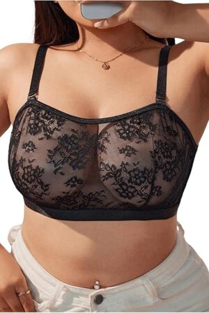 Women's Plus Size Bra Floral Lace Sheer Spaghetti Strap Wireless Bralette