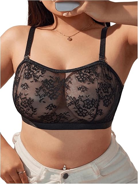 Women's Plus Size Bra Floral Lace Sheer Spaghetti Strap Wireless Bralette