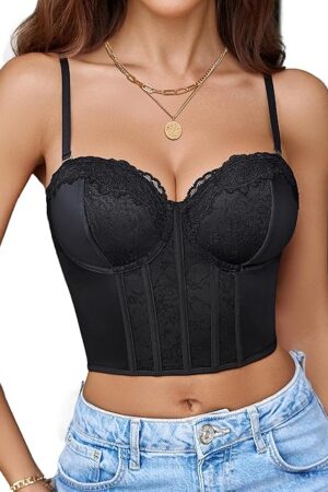 Bustier Tops for Women V Neck Lace Bralettes Corset with Underwired Sexy Concert Crop Top Black