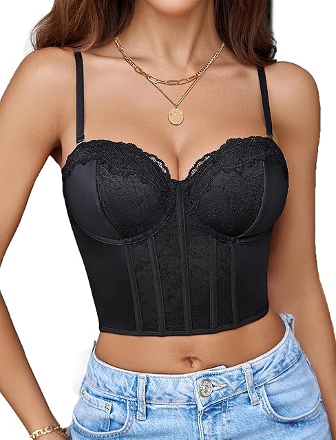 Bustier Tops for Women V Neck Lace Bralettes Corset with Underwired Sexy Concert Crop Top Black