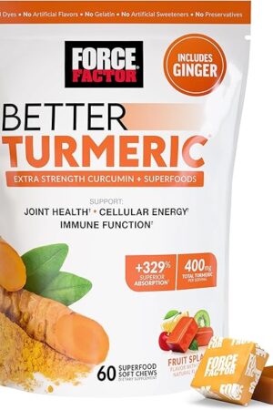 FORCE FACTOR Better Turmeric Supplement 400mg with Black Pepper & Ginger, Extra Strength Joint Support, Superior Absorption, Like Turmeric Gummies, Fruit Splash, 60 Turmeric Chews