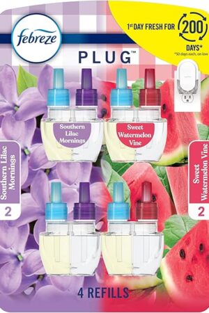 Febreze Odor-Fighting Fade Defy PLUG Air Freshener, Southern Lilac Mornings, Sweet Watermelon Vine, Pack of 4 (2 of Each), 79 fl oz Oil Refill