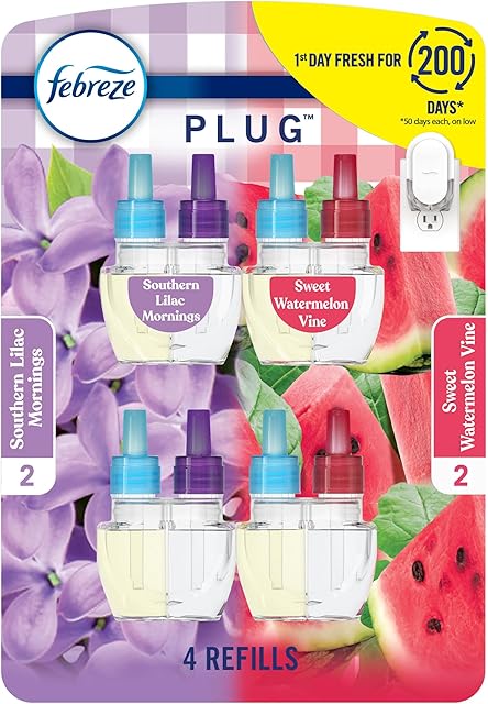 Febreze Odor-Fighting Fade Defy PLUG Air Freshener, Southern Lilac Mornings, Sweet Watermelon Vine, Pack of 4 (2 of Each), 79 fl oz Oil Refill