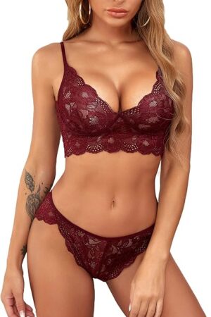 Women's Lace Lingerie Bra and Panty Set Strappy Babydoll Bodysuit S-XXL