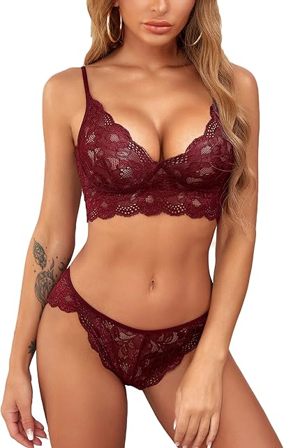 Women's Lace Lingerie Bra and Panty Set Strappy Babydoll Bodysuit S-XXL