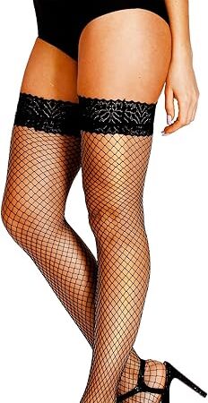 Fishnet Thigh High Stockings, 20+ Colors Silicone Lace Top Stay Up Nylons Tights for Woman, Size A-D