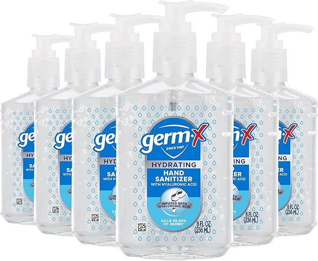 Germ-X Hand Sanitizer, Hydrating with Hyaluronic Acid, 8 Fl Oz Pump (Pack of 6) Instant & No Rinse Formula for All Skin Types, Back to School Supplies, Formulated without Parabens, Phthalates & Dyes