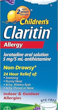 Claritin Children's Allergy Medicine, 24-Hour Non-Drowsy Loratadine 5mg, Antihistamine Liquid for Kids Aged 2 Years and Older, Grape Flavored, 8 fl oz.