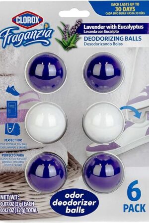 Clorox Fraganzia Deodorizing Balls, Lavender with Eucalyptus Scent - Battery Free Air Refresher, Odor Eliminators for Shoes, Gym Bag, Closet, Locker, Hamper, and Drawer Odor Deodorizers, 6 Count