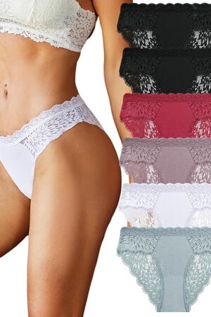 6 Pack Bikini Underwear for Women Sexy Lace Cheeky Panties Low Rise Hipster Cotton Panty