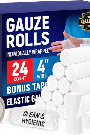 Gauze Rolls - 24 Pack - 4" x 4.1yd Breathable Rolled Gauze - Individually Wrapped with Bonus Tape - First Aid Conforming Stretch Wrap for Wounds
