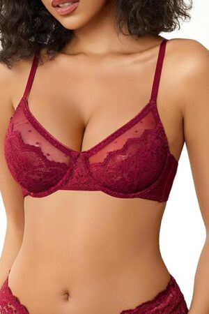 Lace Bras for Women Sheer Balconette Underwire Unlined Everyday Bras Lingerie Wine Red XL