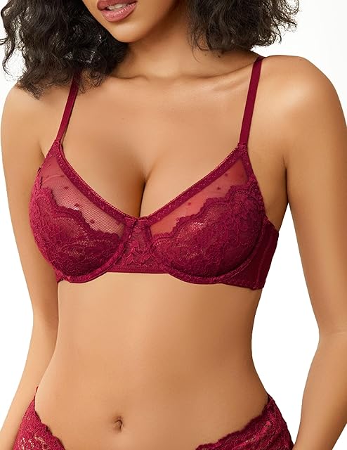 Lace Bras for Women Sheer Balconette Underwire Unlined Everyday Bras Lingerie Wine Red XL