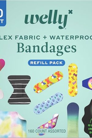 Welly Bandage Large Refill Pack | Adhesive Flexible Fabric, Glow-in-The-Dark & Waterproof Bandages | Assorted Shapes and Patterns for Minor Cuts, Scrapes, and Wounds - 160 Count