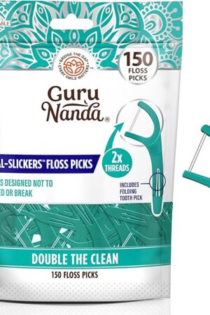 GuruNanda Dual Slickers Floss Picks - Double Threaded Dyneema Dental Floss with Foldable Toothpick for Effective Plaque Removal - Unflavored- 150 Ct