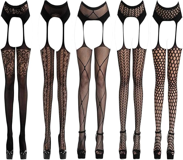Women's 5 Styles Pack Sexy Stockings Lingerie Mesh Babydoll Stretch Sleepwear Thigh High Tights Pack for Girlfriend Wife