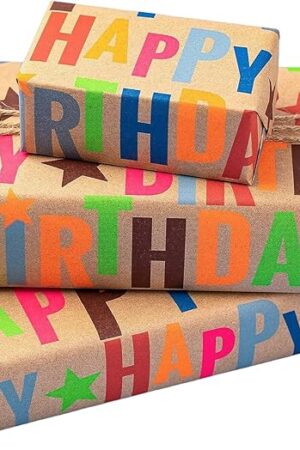 BIOBROWN Kraft Wrapping Paper Roll Colorful Text Happy Birthday Design Perfect for Birthday Holiday Wrap 17 inch X 33 feet