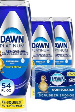 Dawn Dish Soap Squeeze Bottle, EZ-Squeeze Platinum Dish Soap Liquid+Non-Scratch Sponges for Dishes, Fresh Rain, Includes 3x18oz Bottles+2 Sponges