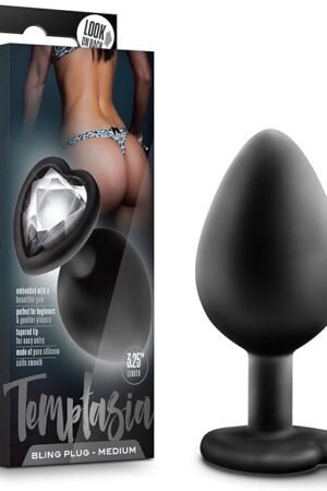 Blush Temptasia Bling Anal Plug - 3.25" - Platinum Cured Silicone Butt Plug - Jeweled Base Heart Shaped Anal Trainer - Comfortable Long Term Wear Adult Sex Toy for Beginner Women Men Couples - Black