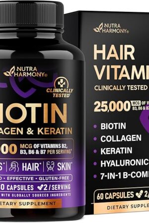 Biotin | Collagen | Keratin - Clinically Tested Supplement - Hair Growth Support, Skin & Nails - 25000 mcg Vitamins B2, B3, B6 & B7 + B1 & Hyaluronic Acid - Made in USA - Women & Men | 60 Capsules