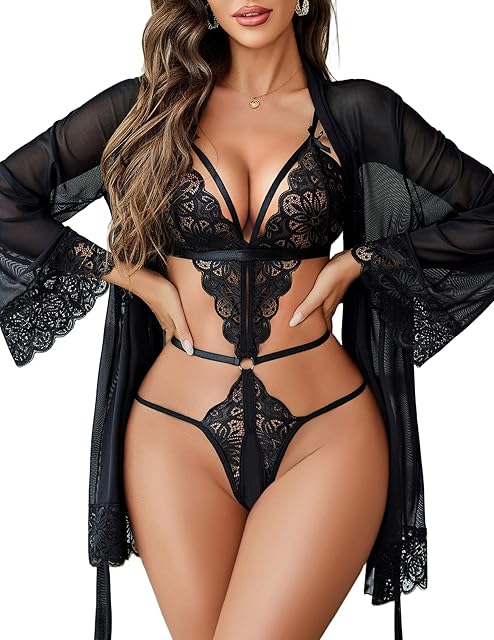 Women Sexy Lingerie Set 2 Piece Lace Teddy with Mesh Kimono Robe Bodysuit Nightgown