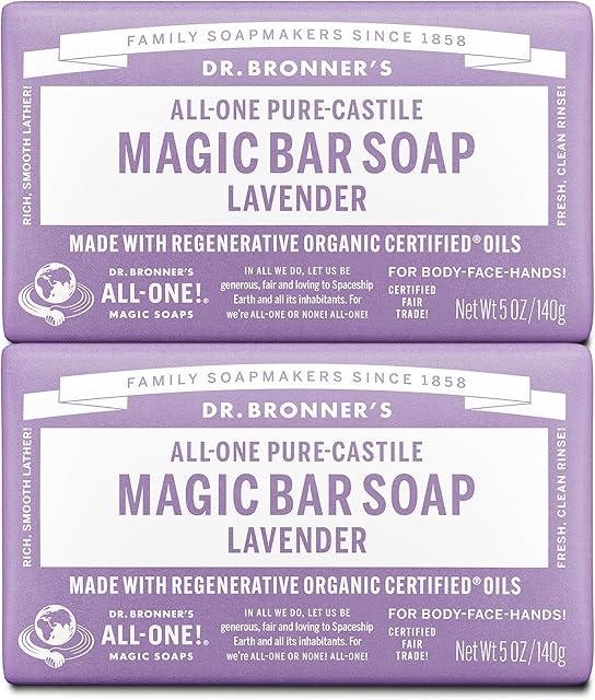 Dr Bronner's Pure-Castile Magic Bar Soap - Made with Regenerative Organic Certified Oils - For Face, Body, Hair- Gentle on Sensitive Skin - Vegan Soap Bars for Men & Women - Lavender, 2 Pack, 5oz