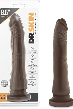 Blush Novelties Adult Sex Toys - Dr. Skin Realistic 8.5 Inch Dildo - Slim 1.5 Inch Width - Suction Cup Base Strap On Compatible - Body Safe, Non Porous - Women Men Couples- Chocolate Brown